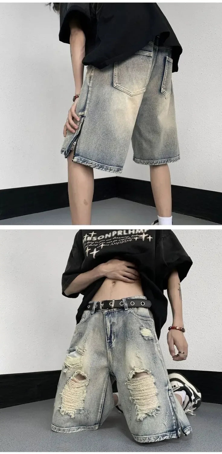 Men's High Street Ripped Denim Versatile Loose and Handsome Shorts