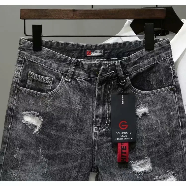 Men's Summer Fashion Hole Ripped Jeans Shorts Capris Casual Gray Beggar Denim Shorts