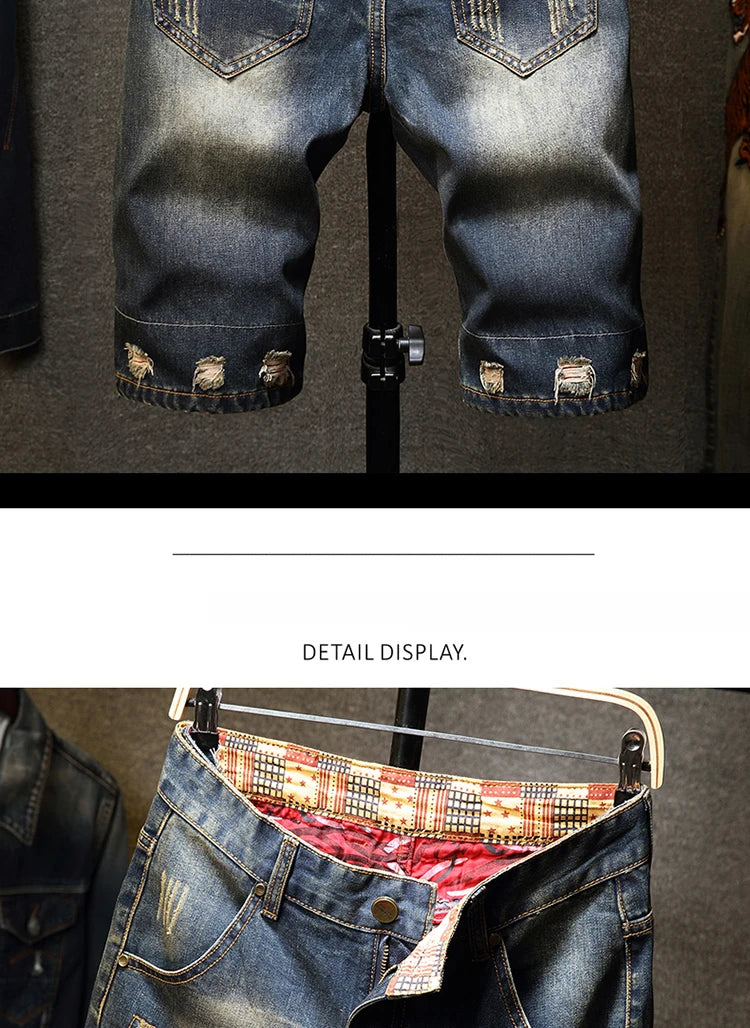 New in Ripped Shorts Men's Summer Fashion Hip Hop Vintage Short Jeans Slim High Street Hole Knee Long Pants Male