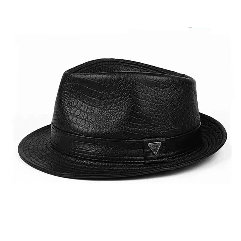 Man High Quality Genuine Leather Jazz Fedora Gentleman CowSkin Short Brim Black/Brown Fitted Top Hat Print Crocodile Pattern