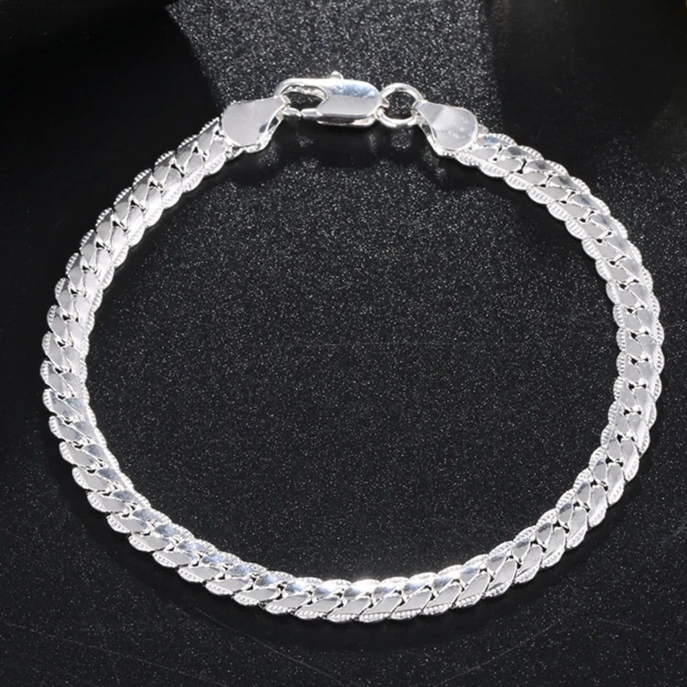 18K Gold 925 Sterling Silver Bracelets For Men Women Simple 5mm 20cm Flat Side Chain Bracelet Unisex Charm Jewelry Gifts