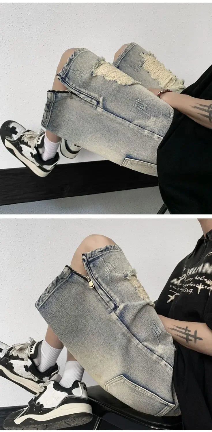 Men's High Street Ripped Denim Versatile Loose and Handsome Shorts