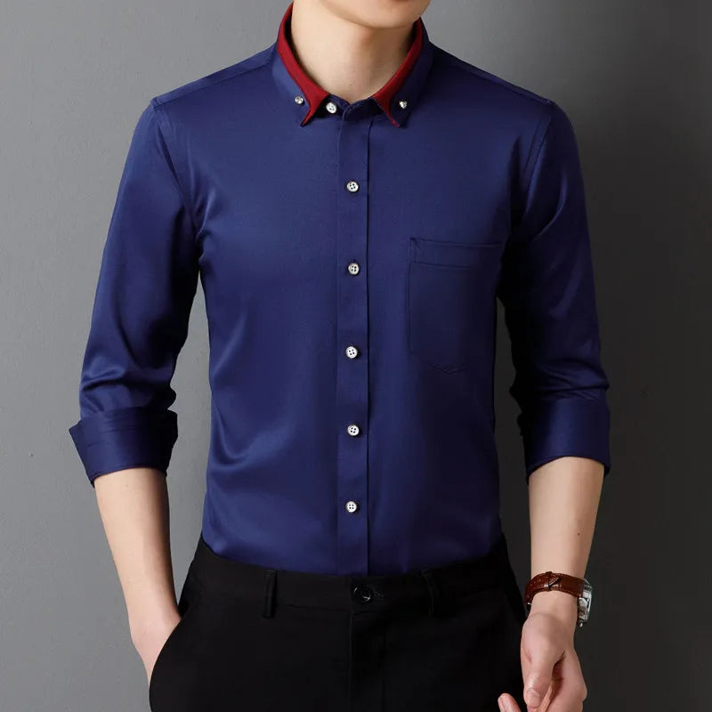 New Men Dress Shirts Long Sleeve Calssic Formal Business Social Solid Color Office Party Slim Fit White-Black-Red-Blue-Purple