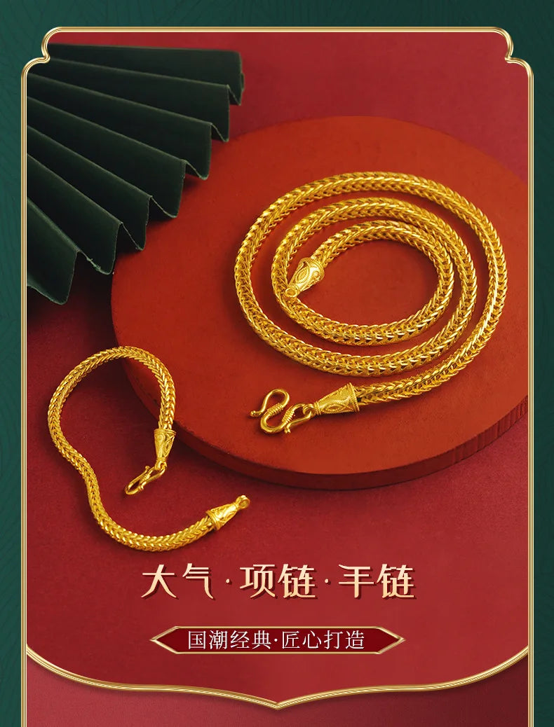 Luxury 24K 9999 Pure Gold real gold Fortune 60cm Chain Men's Necklace Square Snake Bone Bracelet Large