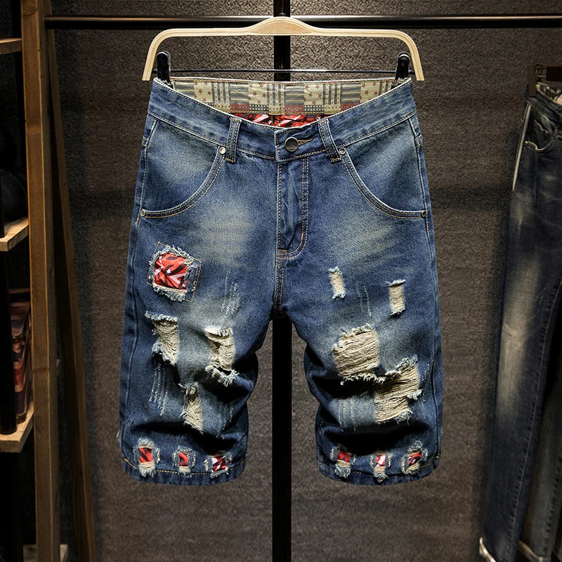 New in Ripped Shorts Men's Summer Fashion Hip Hop Vintage Short Jeans Slim High Street Hole Knee Long Pants Male