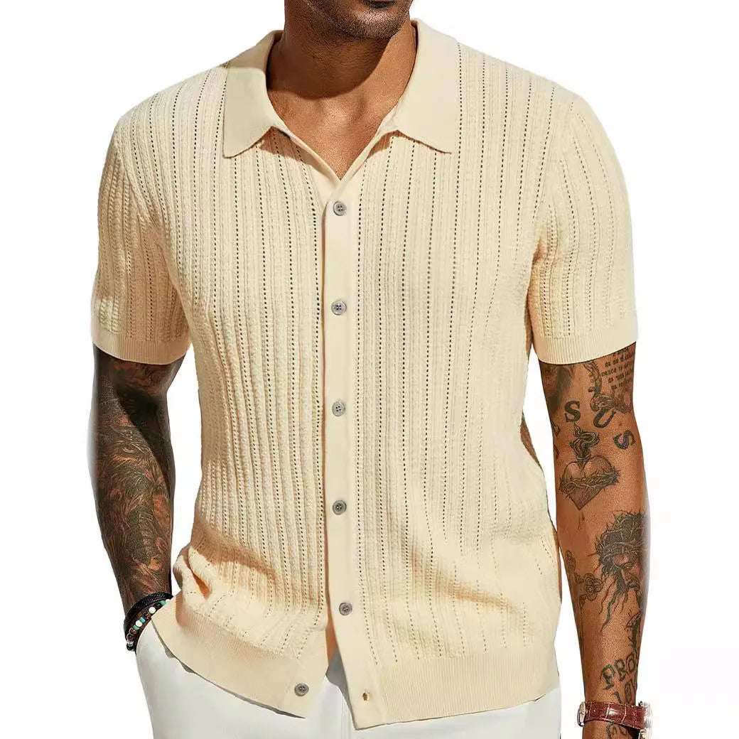 Men Knitted Shirt Short Sleeve Tee Lapel Shirt Male Summer Lapel Cardigan Breathable Single Breasted Knitted Top