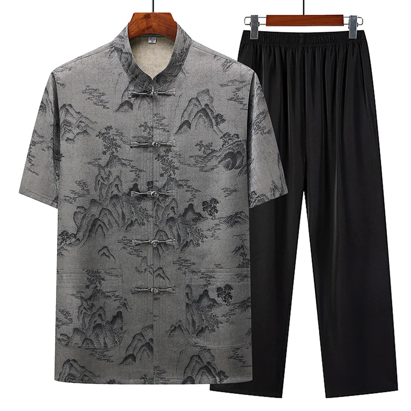 (Shirt + trousers) 2025 summer new fashion men shirt short sleeve shirts mens sets High quality shirts male Two Piece M-4XL