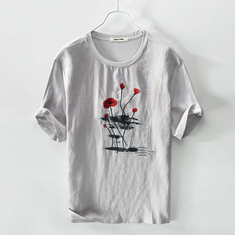 Designer Italy men's linen t-shirt classic round neck casual white t shirt men short sleeve embroidery t shirts for men camiseta