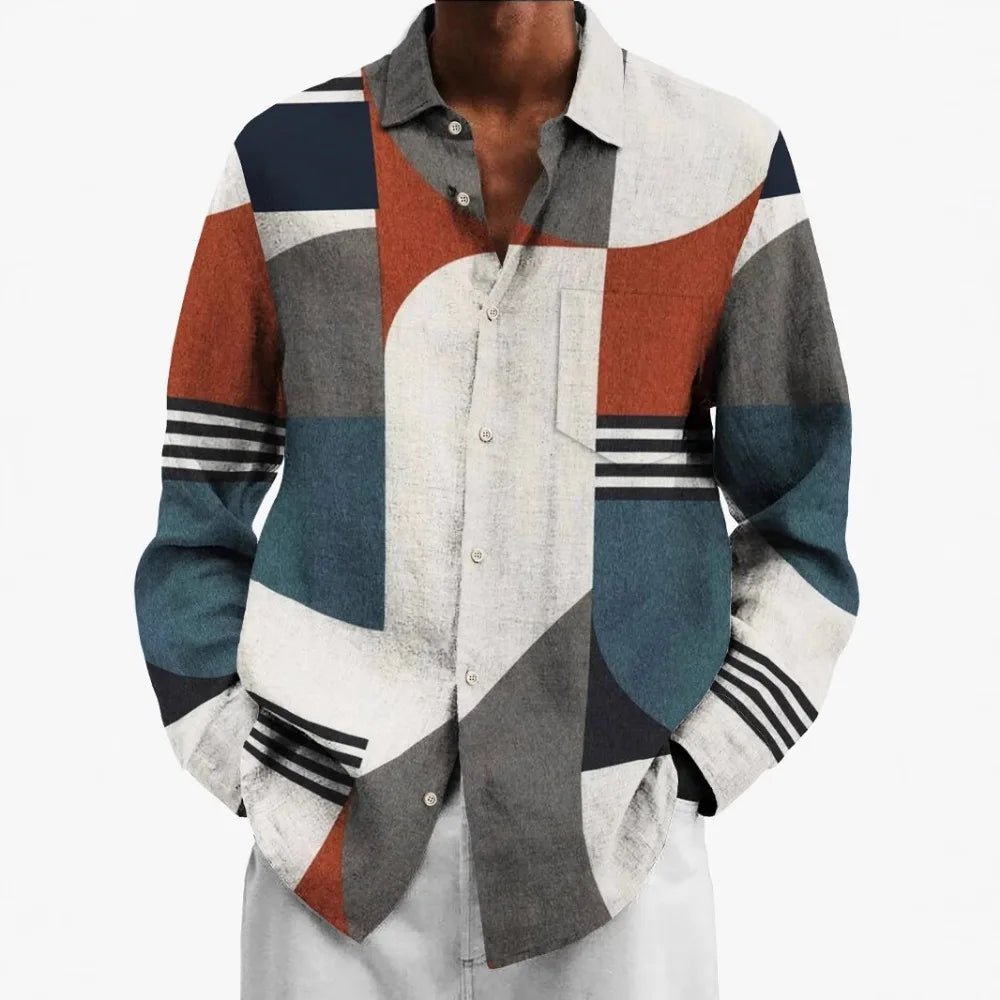 Hawaiian Button Up Shirts Geometric Art Graphics Color Printed Full Sleeve Streetwear Breathable Casual Men Dress Shirt Clothing