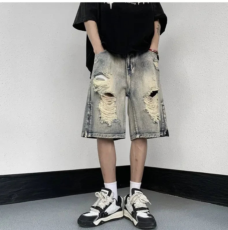 Men's High Street Ripped Denim Versatile Loose and Handsome Shorts