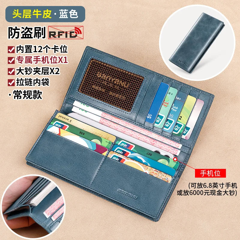 Banyanu Leather Factory Wallet Men's Long Leather Ultra Thin Anti theft Brushed Leather Wallet with Zipper Leather Wallet