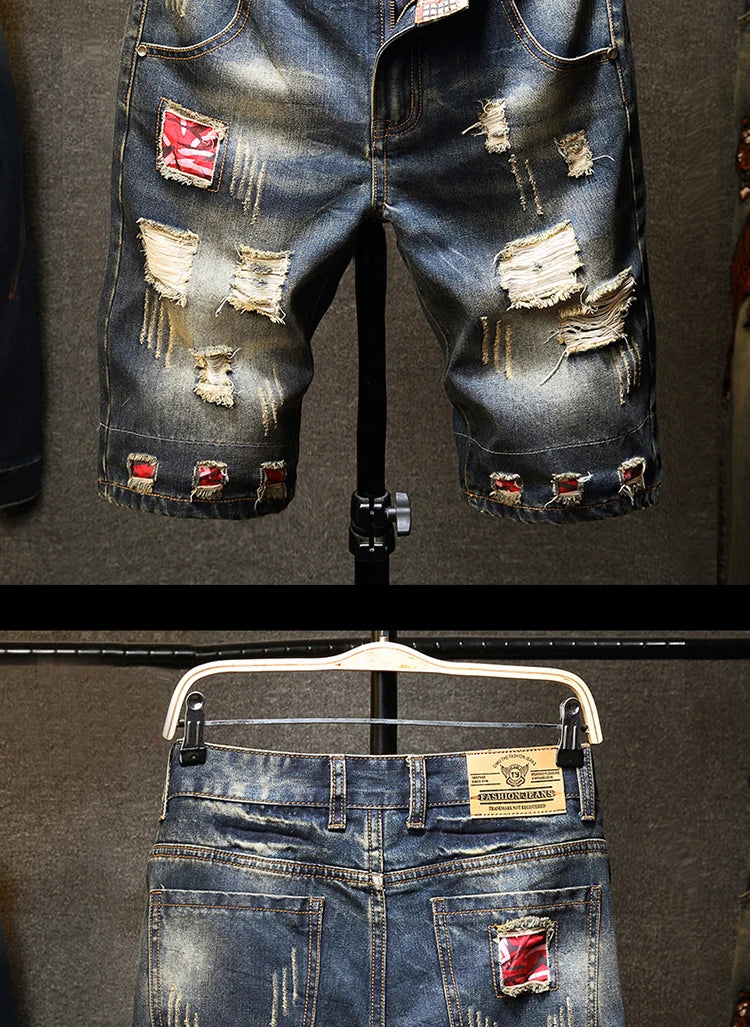 New in Ripped Shorts Men's Summer Fashion Hip Hop Vintage Short Jeans Slim High Street Hole Knee Long Pants Male