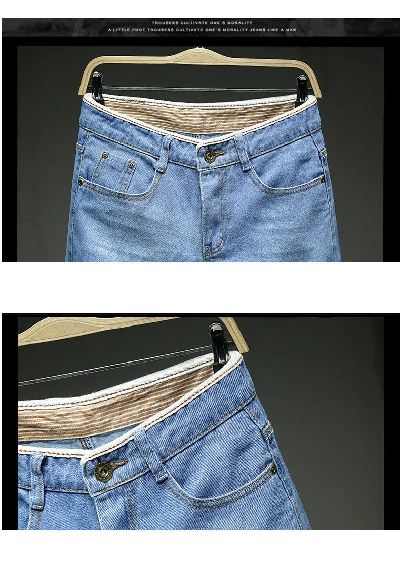 Men Denim Shorts Summer New Style Thin Section Elastic Force Slim Fit Short Jeans Male Brand Clothing Light Blue Retro Blue