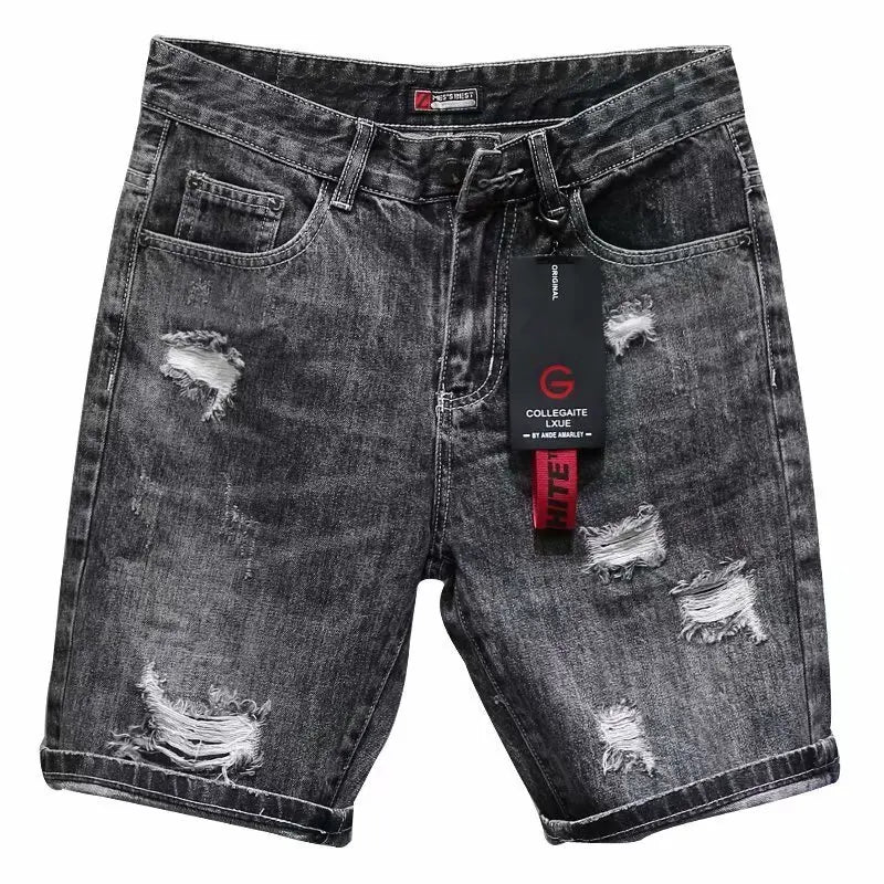 Men's Summer Fashion Hole Ripped Jeans Shorts Capris Casual Gray Beggar Denim Shorts