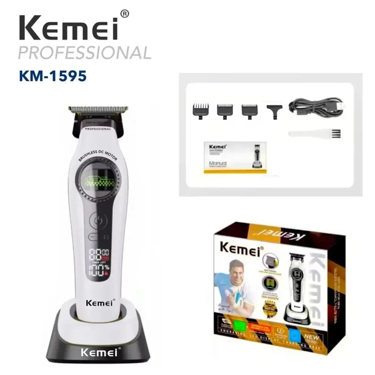 Kemei 1595 Barber Cordless Hair Trimmer Professional Men Hair Clipper External Rotor Brushless Motor Finish Hair Cutting Machine