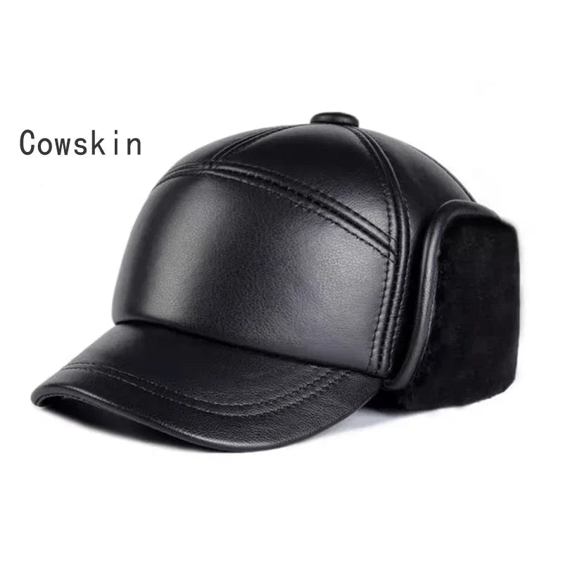 Winter Men's Hat Thicken Leather Cowhide Baseball Caps With Ears Warm Snapback Dad's Hats Sombrero De Cuero Del Hombre