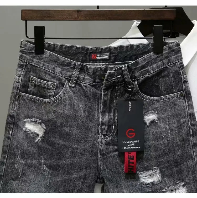 Men's Summer Fashion Hole Ripped Jeans Shorts Capris Casual Gray Beggar Denim Shorts
