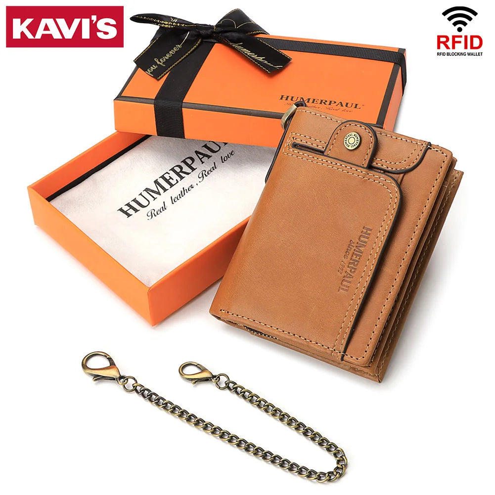 Real Leather Wallet for Men RFID Blocking Credit Card Holder Purse Male Short Bifold Zipper Coin Pocket with Anti-Theft Chain