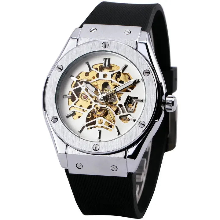 WINNER Automatic Mechanical Watch for Men Rubber Strap Skeleton Dial Male Clock Military Sports Style Wristwatch Dropshipping