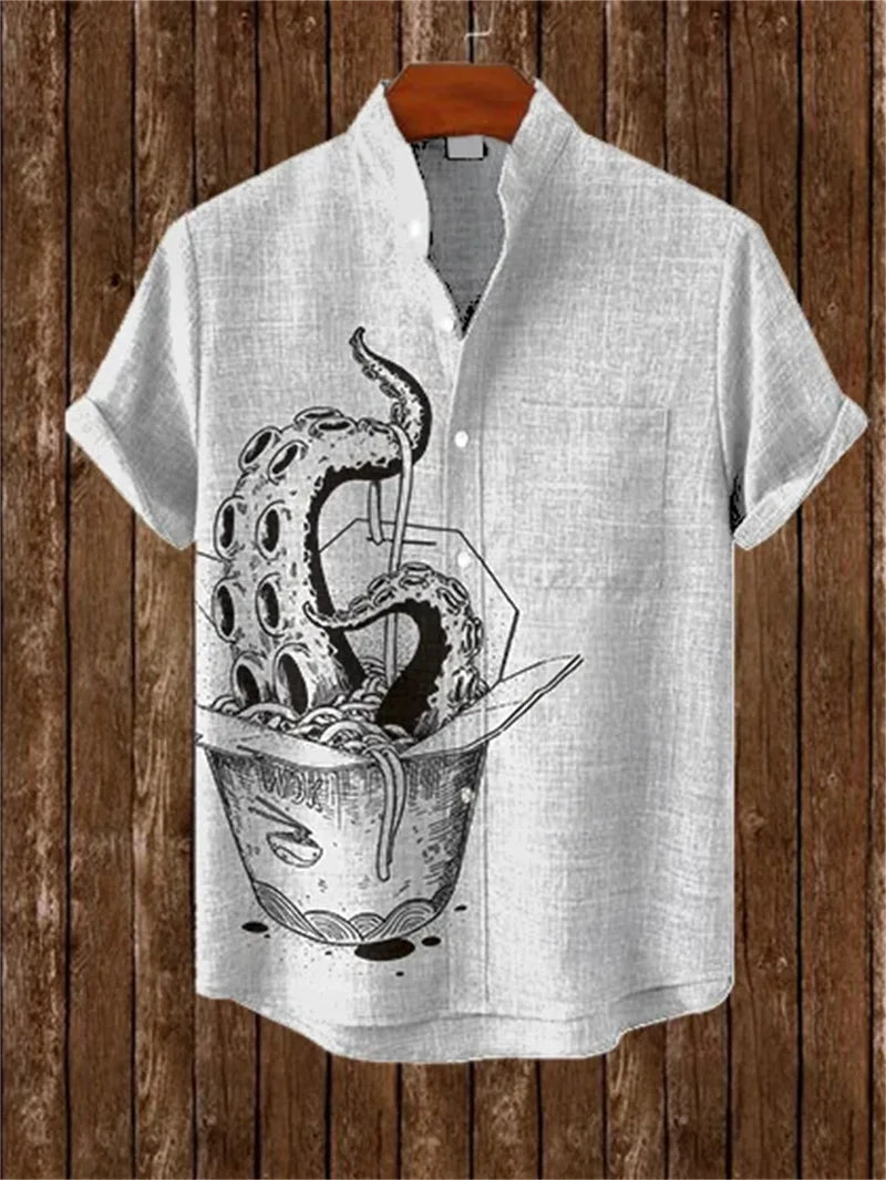 New retro and stylish linen short sleeved shirt, men's samurai armor, plum blossom printed casual top