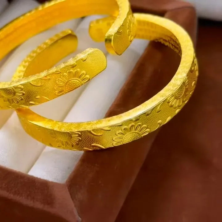 Sunflower Open Bangle Women's 24K Gold AU999 - 3D bloom shape, adjustable opening, high-purity gold shows sun-facing style