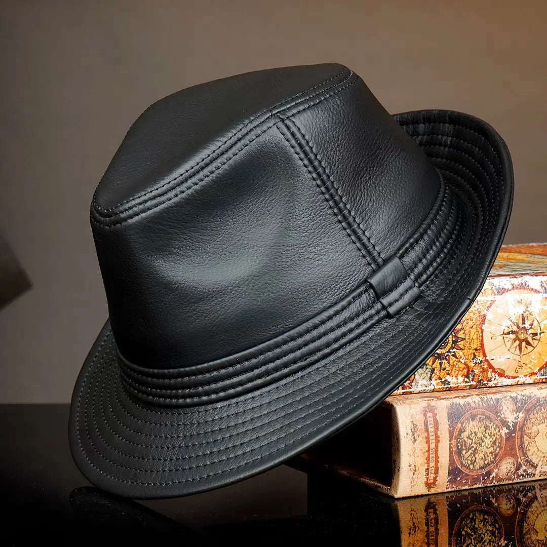 Retro Genuine Leather Cowhide Gentleman Fedoras Hat for Men Travel Warm Autumn Winter Top Hat