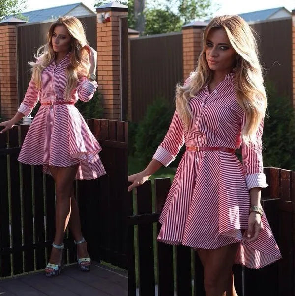 European and American women's clothing popular long-sleeved women's clothing striped shirt dress single-breasted belt