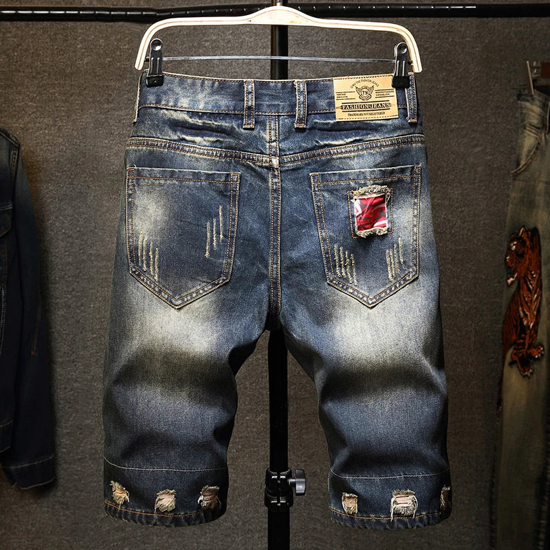 New in Ripped Shorts Men's Summer Fashion Hip Hop Vintage Short Jeans Slim High Street Hole Knee Long Pants Male