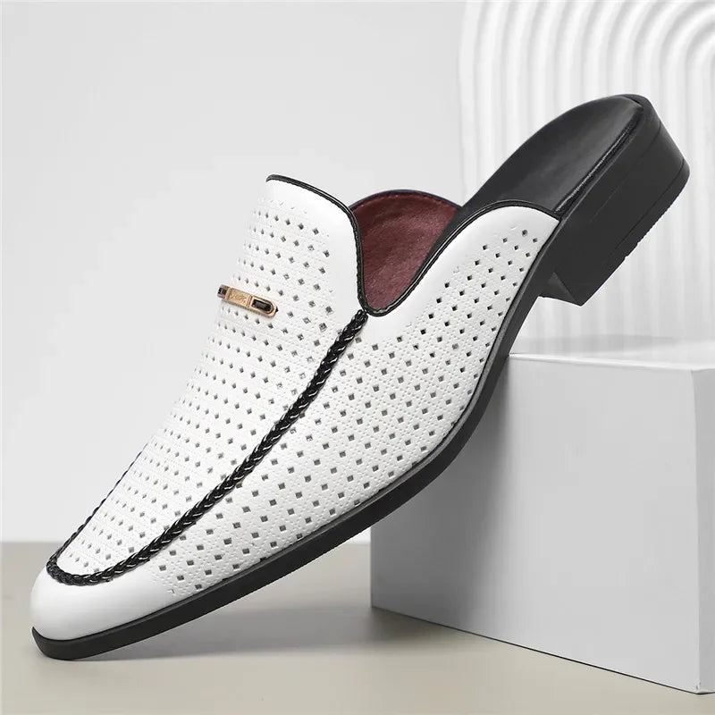 Men's Yellow White Black Half Slippers Driving Shoes 2025 New Casual Patent Leather Mules Loafers Zapatos Hombre