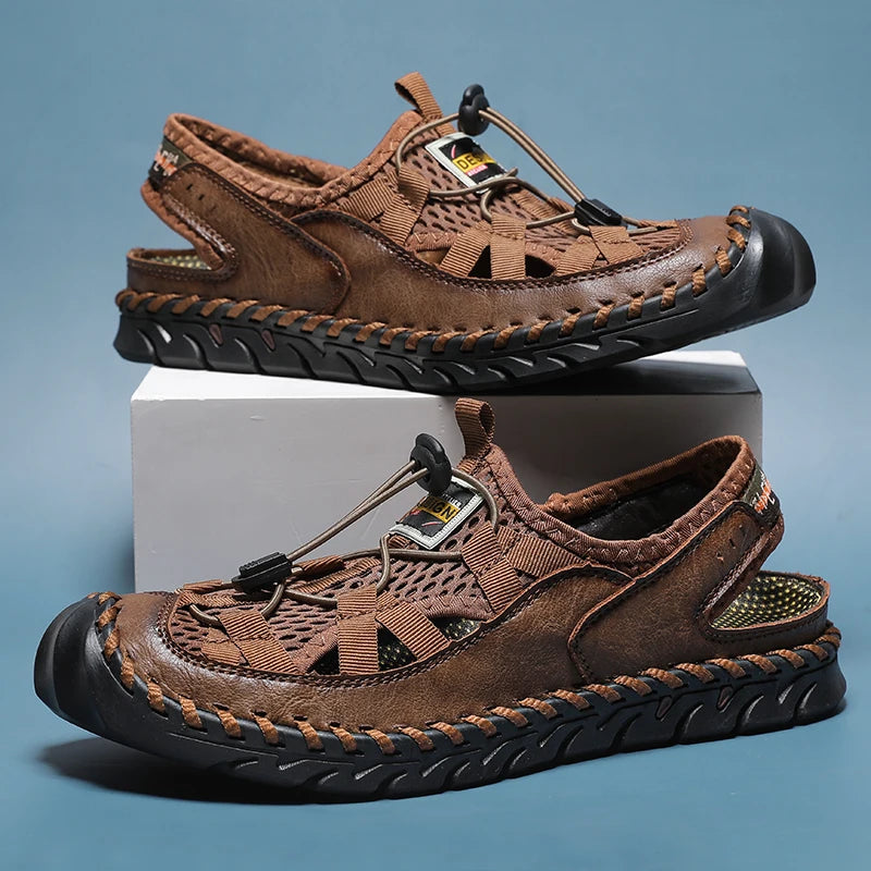 Men's Sandals Summer Leather Fisherman Beach Shoes Closed Toe Sandals for Men Handmade Breathable Water Sandals Outdoor Non Slip