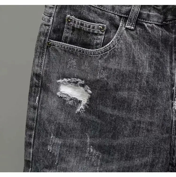 Men's Summer Fashion Hole Ripped Jeans Shorts Capris Casual Gray Beggar Denim Shorts