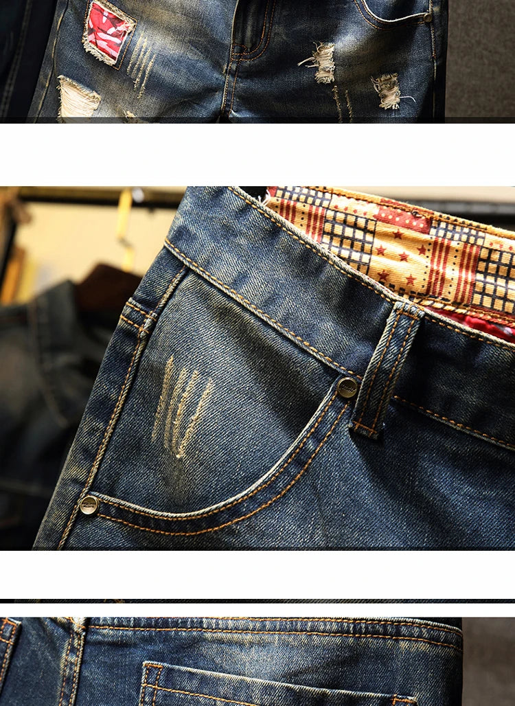 New in Ripped Shorts Men's Summer Fashion Hip Hop Vintage Short Jeans Slim High Street Hole Knee Long Pants Male