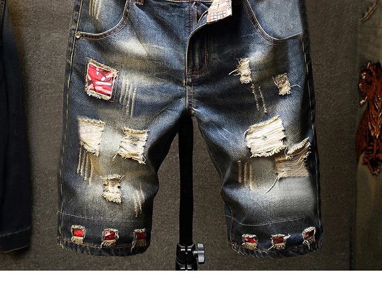 New in Ripped Shorts Men's Summer Fashion Hip Hop Vintage Short Jeans Slim High Street Hole Knee Long Pants Male