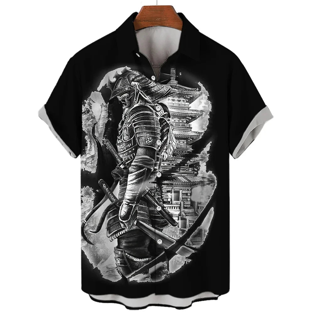 Vintage Japanese Samurai Hawaiian Retro Shirt For Men Social Blouse 3d Short Sleeve Tops Harajuku Streetwear Summer Man Clothing