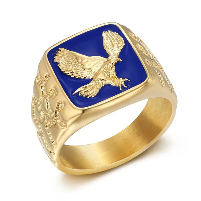 1pc, 316L stainless steel jewelry, eagle ring, anima, blue enamel, street style, party,men's and women's holiday gifts
