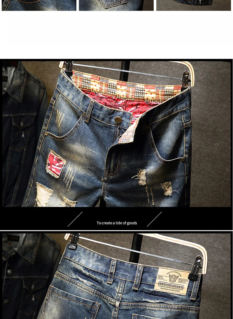 New in Ripped Shorts Men's Summer Fashion Hip Hop Vintage Short Jeans Slim High Street Hole Knee Long Pants Male