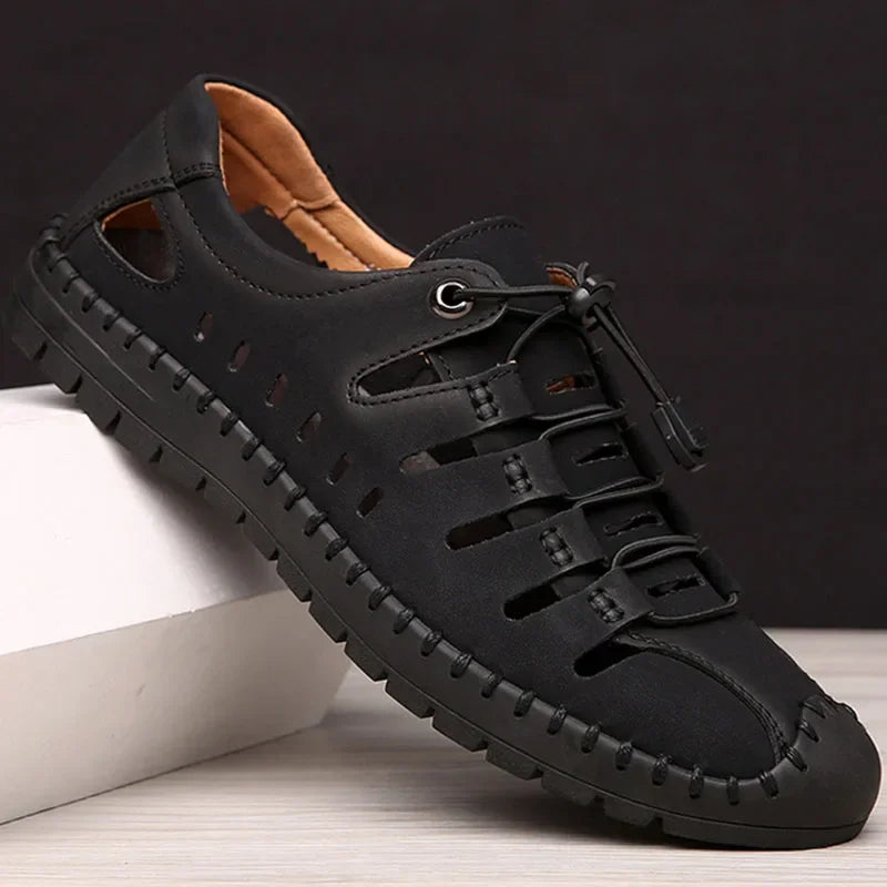 New 2025 Summer Shoes Men Sandals Genuine Leather Flat Non-slip Holiday Fashion Male Footwear Black Yellow D326