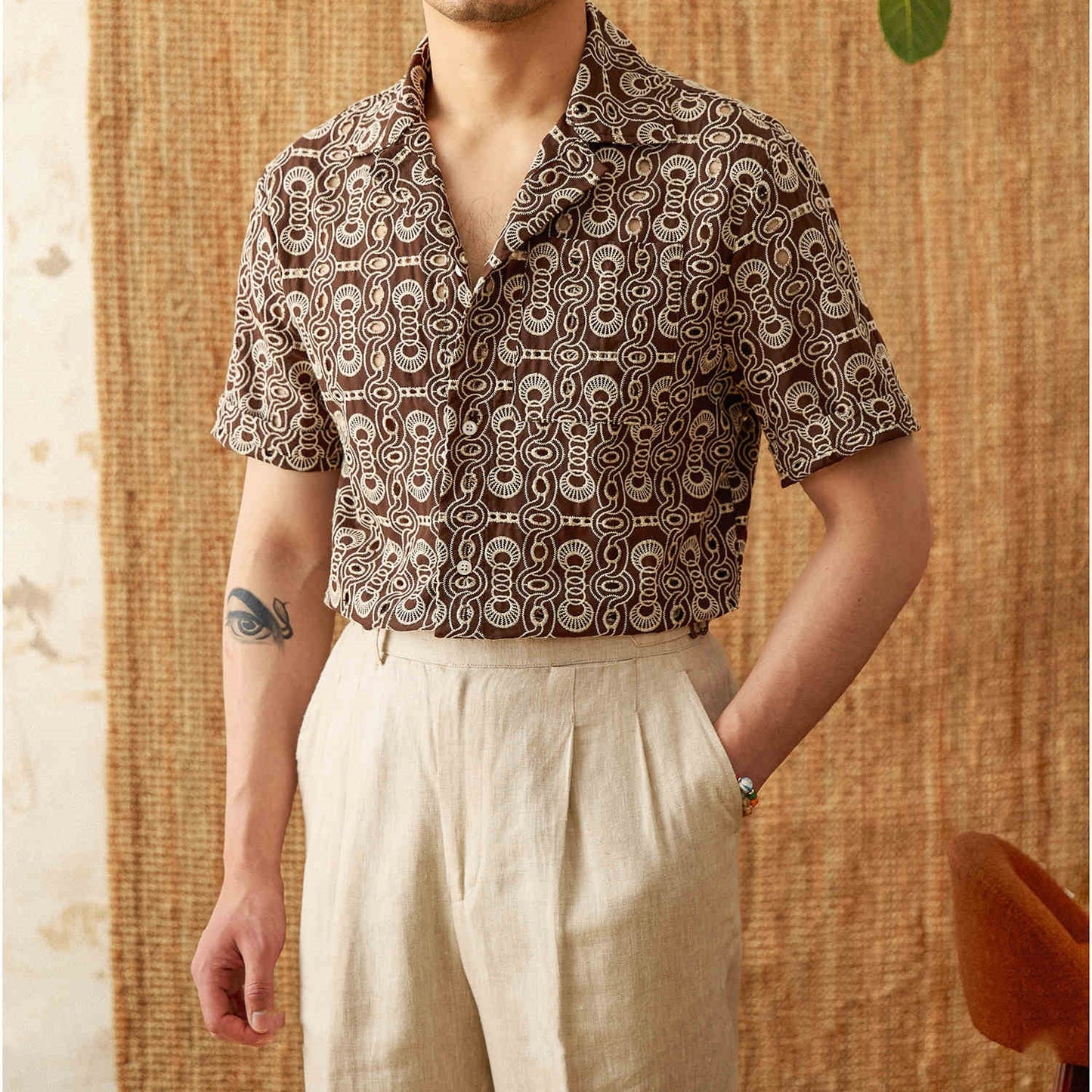 Vintage Embroidered Cotton Casual Cuban Collar Short Sleeve Printed Shirt