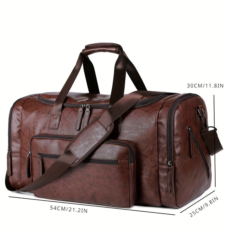 Large Capacity Vintage Style PU Leather Travel Tote Bag - Spacious Business Trip Duffle with Adjustable Shoulder Strap, Multiple Compartments, and Hand Carry Design - Durable, Stylish, and Easy to Organize Luggage for Men, No