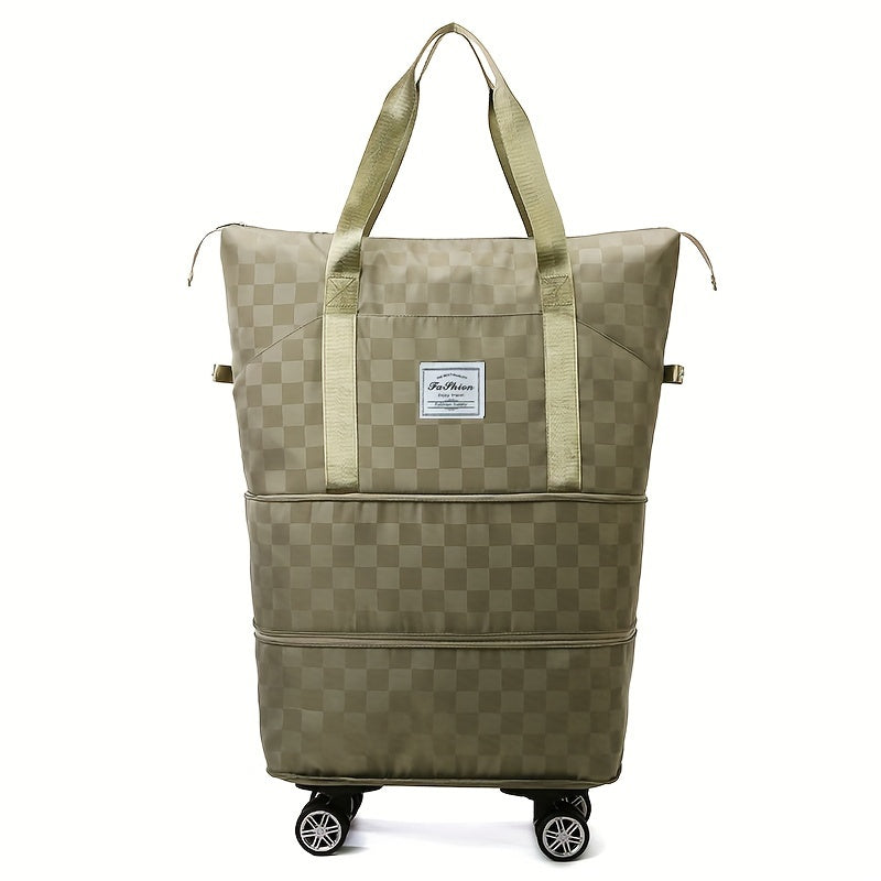 Versatile Expandable Travel Bag with Wheels - Large Capacity, Foldable Nylon Luggage in Checkered Design, Dry/Wet Separation, Fits Trolley Cases, with Adjustable Straps for Sports, Fitness & Moving - Available in Multiple Col