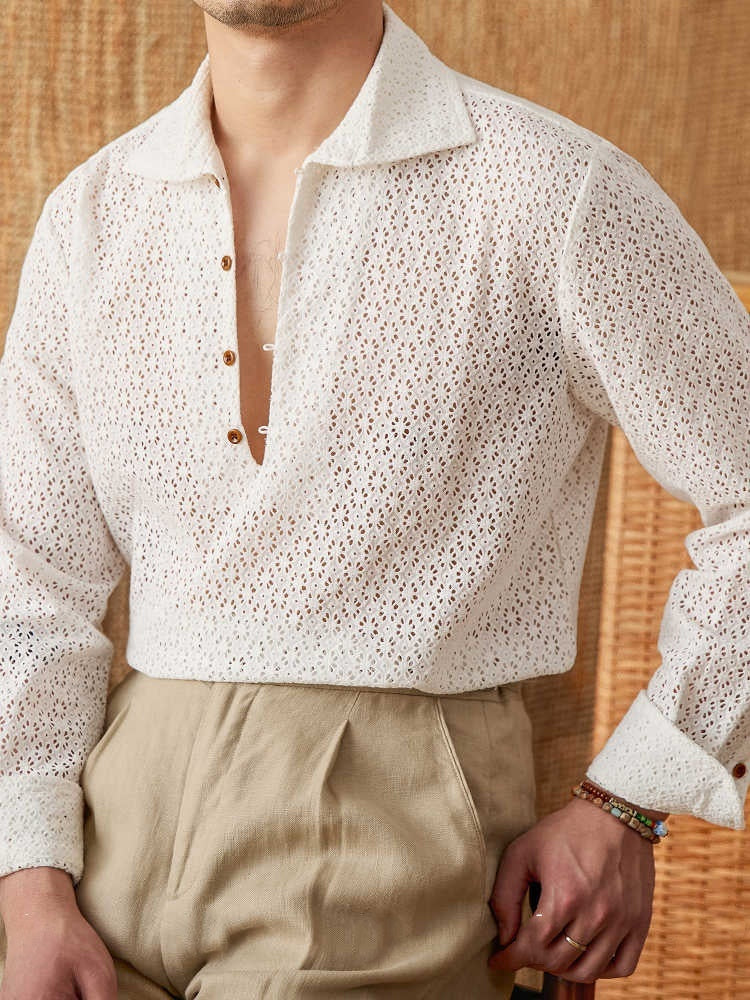 Open Collar Hollow Breathable Casual Long-sleeved Shirt