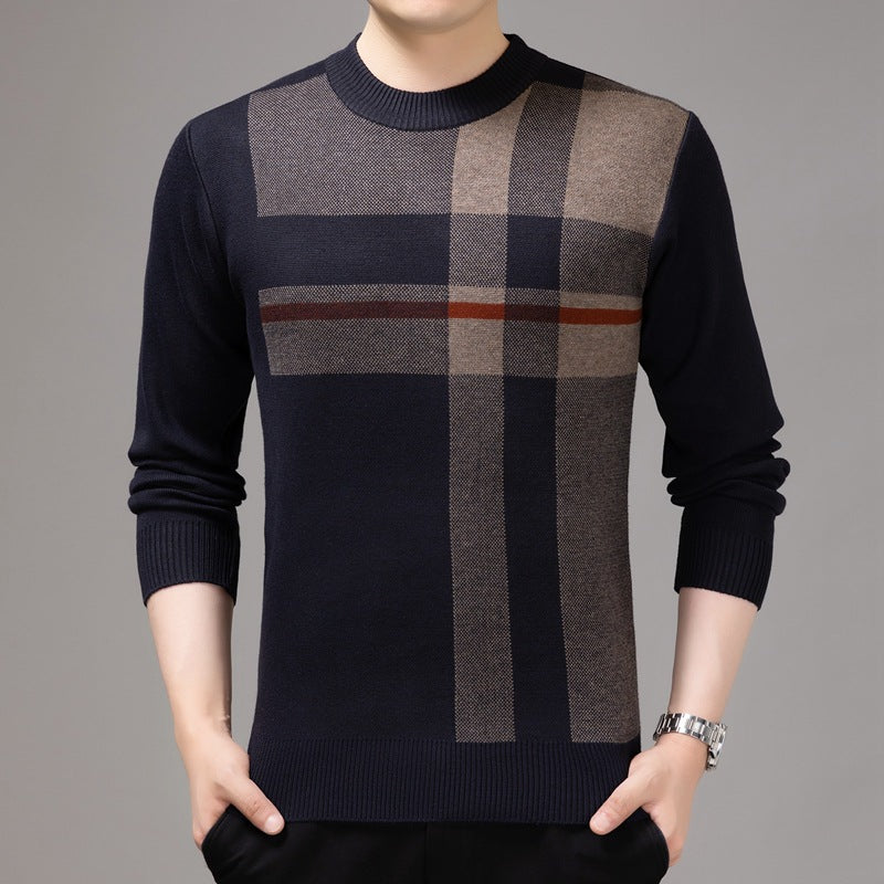 Men Warm Stripe Casual Round Collar Loose Needle
