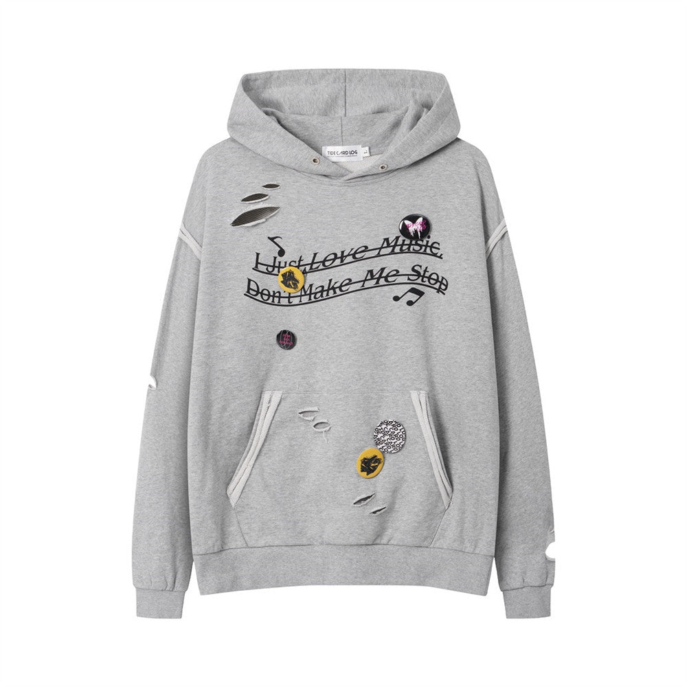 Badge Decoration Ripped Hoodie Sweater Men