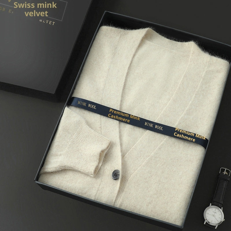 Mink Wool Sweater Men V-neck Thickened Sweater Loose Cardigan