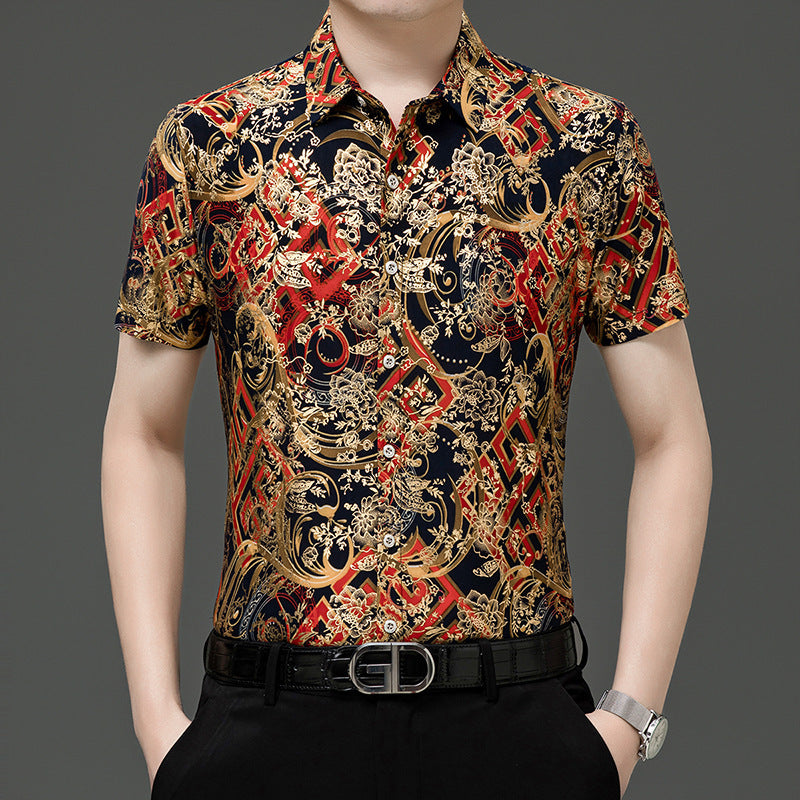 Summer Men's Middle-aged Printed Shirt Short Sleeve Stretch Ice Silk Leisure
