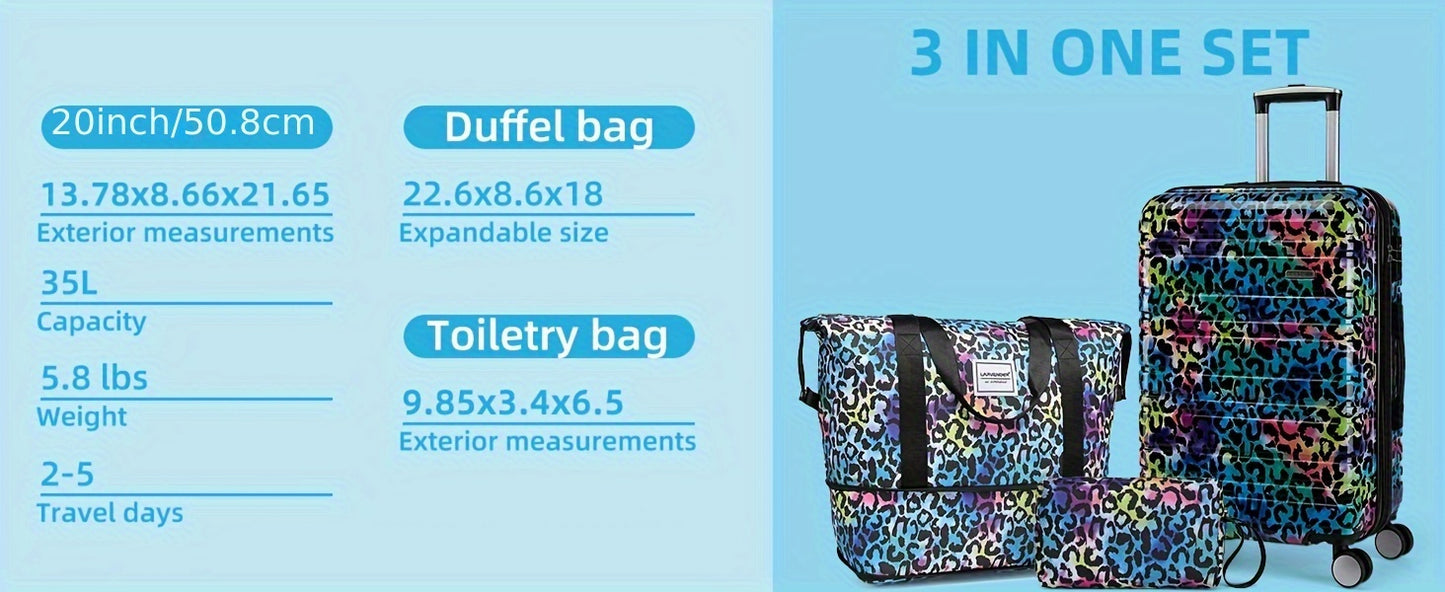 Luggage Sets 3 Piece, Hardside 20 IN Carry on Luggage Airline Approved PC+ABS Suitcase Set with Spinner Wheels TSA Lock, Lightweight Rolling Suitcase for Men and Women, Cheetah Print