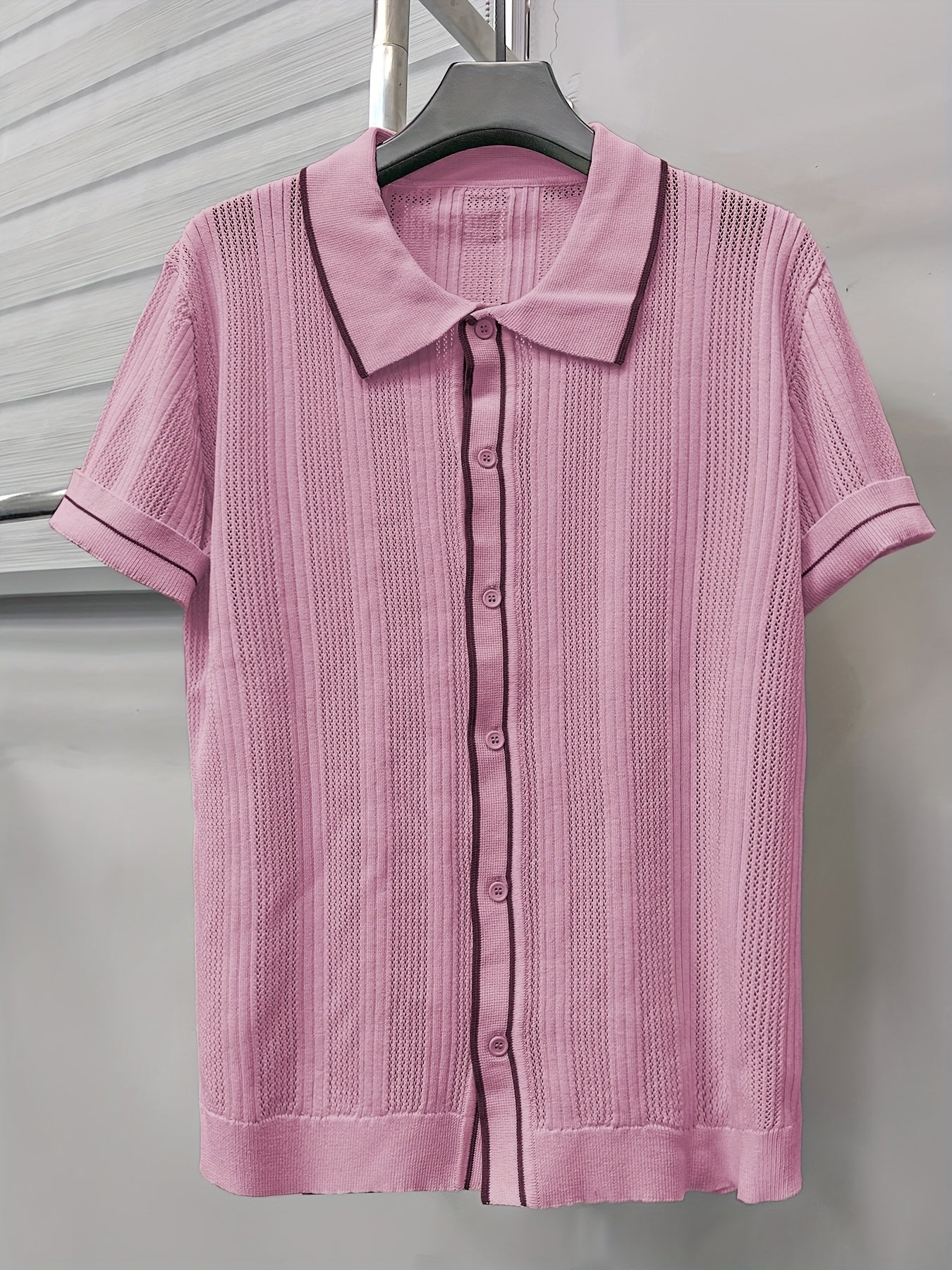 2025 Spring And Summer New Hollow Striped Men'S Shirts, Men'S Casual Contrasting Lapel Short-Sleeved Tops, Men'S Summer Short-Sleeved Shirts, Men'S Shirts for Daily Outings, Men'S Tops, Men'S Shirts