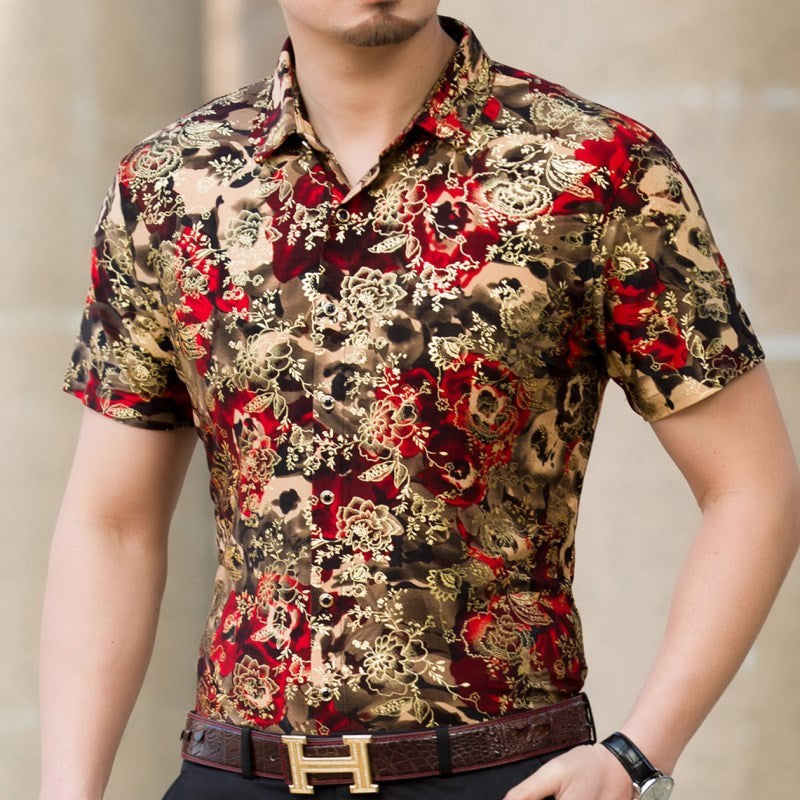 Summer Men's Middle-aged Printed Shirt Short Sleeve Stretch Ice Silk Leisure