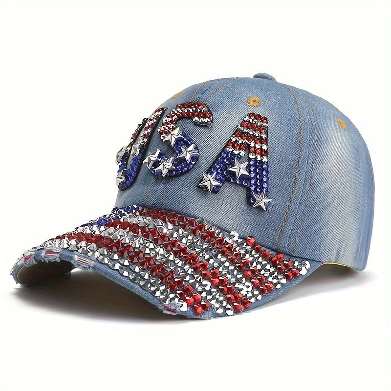Rhinestone  American Flag Embroidered Denim Baseball Cap, U.S.A. Patriotic Caps For Veteran's Day, July 4th Independence Day, Hats For Men&Women