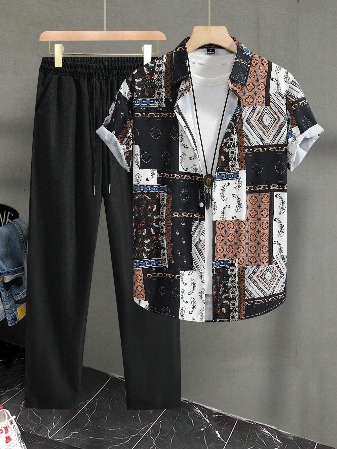 Casual Ethnic Style Short Sleeve Shirt Trousers Suit